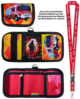Produktbild von Kinder Geldbörse Geldbeutel Portemonnaie Brustbeutel Textil Canvas Feuerwehr mit Schlüsselband