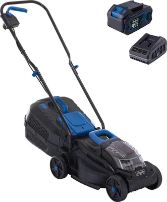 A cordless lawnmower with two batteries and a charger, presented against a white background.