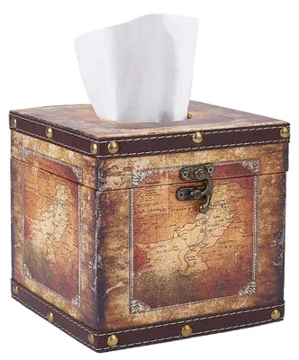 Image de Omgoods - Boîte à mouchoirs en bois de style rétro avec motif de carte du monde