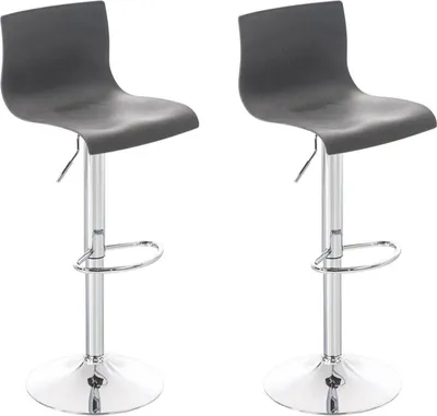 Two gray bar stools with chrome bases and adjustable height.