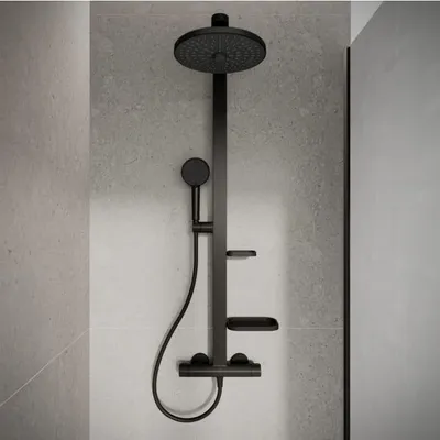 Produktbild von Ideal Standard Alu+ Duschsystem mit Ceratherm Brausethermostat, 2 Ablagen, 2-Funktions-Handbrause und 2-Funktions-Kopfbrause