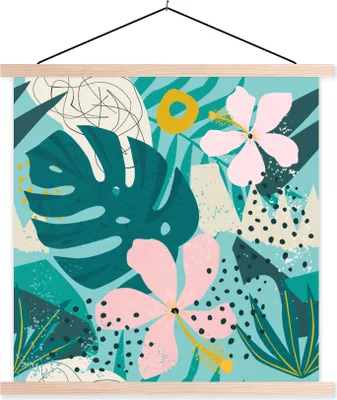 Produktbild von MuchoWow® Textilposter Pflanzen - Illustration - Pastell - Kinder - Mädchen - Kinder 120x120 cm mit holzfarbenen Rahmen - Textil-Poster