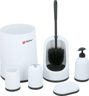 Produktbild von 6-teiliges Badezimmer-Set in weiß mit Zahnputzbecher, Zahnbürstenhalter, Seifenspender, Seifenschale, Toilettenbürste mit Halter und Abfallbehälter, Kunststoff, weiß