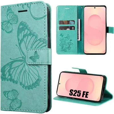 Image de Coque pour Samsung Galaxy S25 FE, Protection Rabat Antichoc Anti-Rayures Effet Cuir Vert Motif Papillon