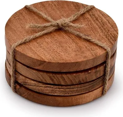 Image de Sous-verres ronds en bois d'acacia - protection du plateau de table - set de 4 - 10,16 cm