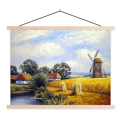 Produktbild von MuchoWow® Textilposter Gemälde - Bauernhof - Mühle - Ölfarbe 40x30 cm mit holzfarbenen Rahmen - Bilder