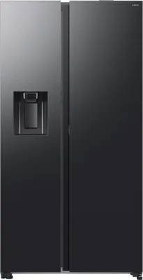 A front view of a black steel side-by-side refrigerator with a water and ice dispenser.