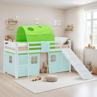 Produktbild von Homestyle4u Hochbett 90x200 Kinder mit Lattenrost Rutsche Vorhang Tunnel grün Kinderbett Spielbett Weiß
