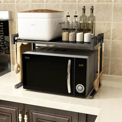 Image de Étagère extensible pour micro-ondes Rack pour four à micro-ondes 2 niveaux Support pour micro-ondes Organisateur Étagères de cuisine avec 3 crochets Noir