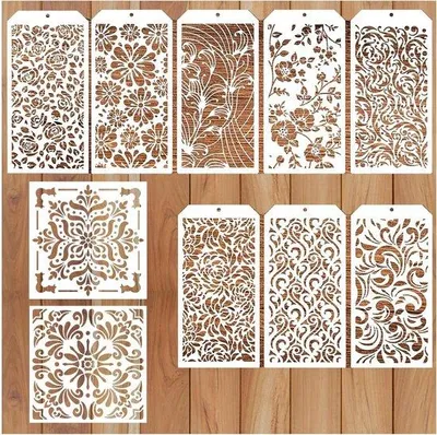 Immagine prodotto di Fiori Stencil decorativi - Set di 10, riutilizzabili stencil di plastica per il legno fai da te Arte Pittura Tela Pareti Scrapbook