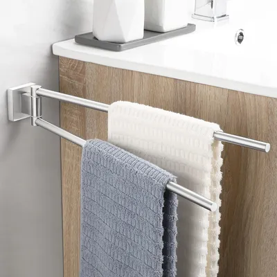 Productafbeelding van Handdoekhouder voor badkamer, 180° draaibaar, handdoekstang van roestvrij staal 304, handdoekhouder voor wandmontage, badhanddoekhouder, dubbele handdoekhouder, geborsteld zilver, 39 cm