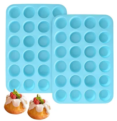 Immagine prodotto di Mini stampi in silicone per muffin, 24 cavità, antiaderenti, senza BPA, adatti al lavaggio in lavastoviglie, colore blu, dimensioni 32x22,5x2,5 cm