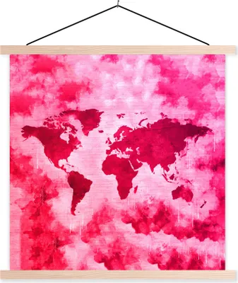 Produktbild von MuchoWow® Textilposter Weltkarte - Farben - Rosa 60x60 cm mit holzfarbenen Rahmen - Wanddekoration