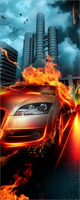 Produktbild von Wallario selbstklebendes Poster - Brennendes  fahrendes Auto, Größe: 80 x 200 cm