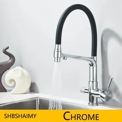 Produktbild von Küchenarmatur - Filter-Wasserhahn - 360° Schwenkbar - 2-Griff, Einloch, Deckmontage - Heiß/Kalt + Gefiltertes Wasser - Ausziehbrause - Chrom/Weiß