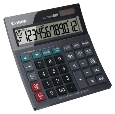 Zdjęcie produktu dla Canon AS-220RTS, Komputer stacjonarny, Wyświetlacz kalkulatora, 12 cyfr(y), Przechylanie wyświetlacza, Bateria, Czarny