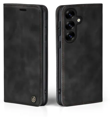 A black flip case for a smartphone is shown from two angles.