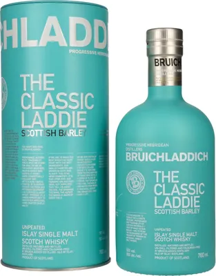 A bottle of Bruichladdich The Classic Laddie Scottish Barley Scotch Whisky and its cylindrical packaging, presented against a white background.