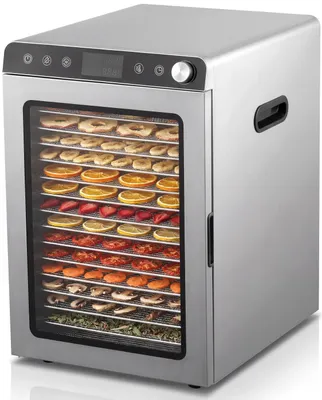 Zdjęcie produktu dla Suszarka do żywności Arendo ze stali nierdzewnej, urządzenie z 16 półkami, suszarka o mocy 1000 W, suszarka do owoców, regulator temperatury 30–85°C, timer 0,5–24 godziny, do owoców i warzyw, ryb, mięsa