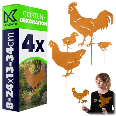 Produktbild von KADAX Gartenstecker Hühnerfamilie aus Cortenstahl, 4-teiliges Set mit Hähne, Hahn und 2 Küken, Metall Gartendeko in Rostoptik, Edelrost Stecker für Garten