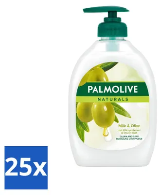 Imagen del producto de 25 unidades de jabón líquido para manos Palmolive Naturals, aroma a leche y oliva, 500 ml cada uno. Paquete económico