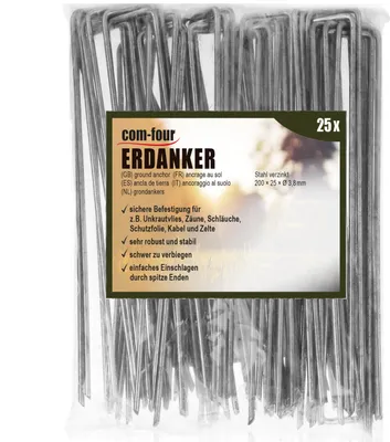 Produktbild von com-four® 25x Erdanker 200x25x3,8mm aus beschichtetem Stahl - robuste Erdnägel zur Befestigung von Unkrautvlies und Folien - Bodenanker für Garten und Camping - eckig