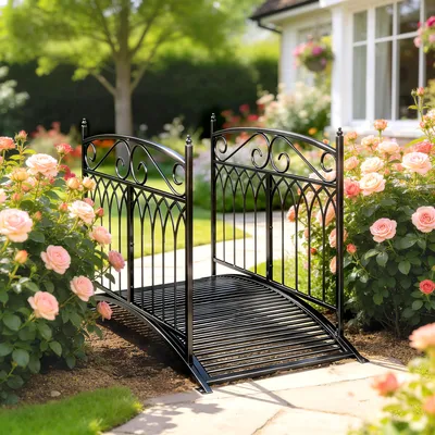 Produktbild von Gartenbrücke Metall mit Sicherheitsgeländern, Teichbrücke Antik-Optik Bogenbrücke, Zierbrücke | 135,5 x 74 x 91 cm | bis 100 kg | Schwarz
