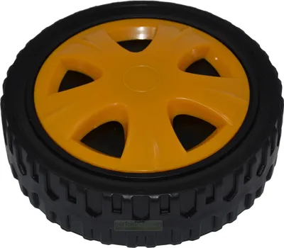 A close-up of a black and yellow wheel with a textured tire and a five-spoke yellow hub.
