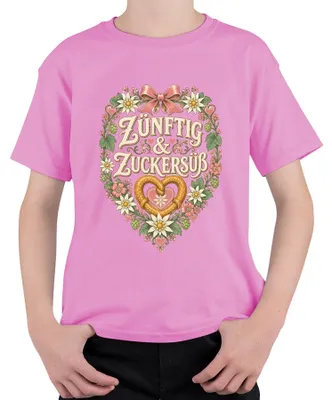 Produktbild von Zünftig & Zuckersüß Bayern Wiesn Dirndl Lederhose Kinder T-Shirt, Pink, 116
