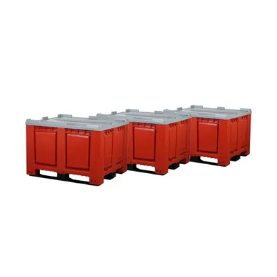 Produktbild von 3 Stück Palettenboxen mit Deckel 680l 1200x1000x790 mm Rot - 3 Kufen