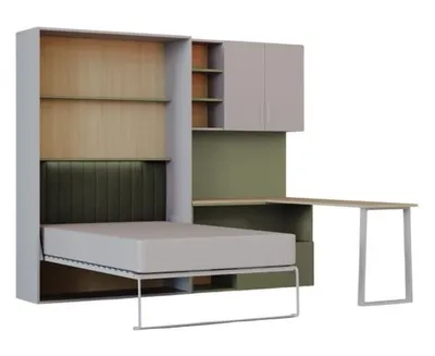 Produktbild von Schrankkbett LUMI Multifunktionales Wandbett mit Arbeitsbereich, Schreibtisch (Cashmiere + Olive)