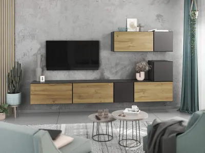 Produktbild von Wohnwand VARIANTO 2 Schrank Set 7 tlg., 266 cm, anthrazit matt / Evoke Eiche / anthrazit matt M1, grifflos, stehend und hängend