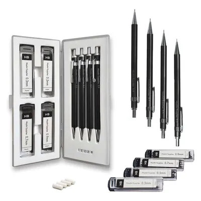 Produktbild von 4er Set MozArt Supplies Druckbleistift mit Radiergummis & Etui Minen 0,3 – 0,9mm Bleistift