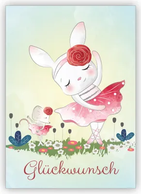 Produktbild von Süße Ballerina Glückwunschkarte mit tanzendem Hasen und Maus: Glückwunsch