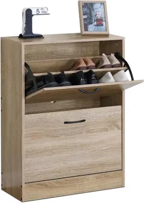 A wooden shoe cabinet with several pairs of shoes on display.