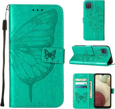 Produktbild von Galaxy A12 Hülle, Schmetterling Prägung Flip Leder Kartenfächer Schutzhülle Ledertasche mit Ständer für Samsung Galaxy A12 Grün