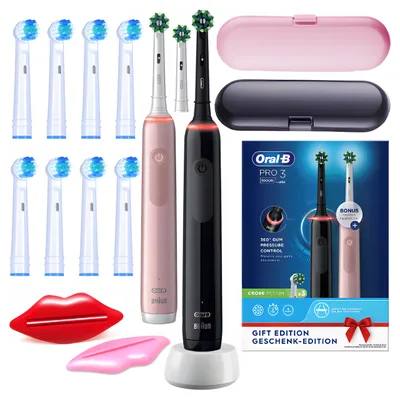 Immagine prodotto di 2 spazzolini elettrici Oral-B Pro 3 3900N – Set doppio nero e rosa – 3 modalità – Sensore di pressione – 10 testine