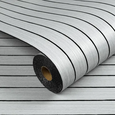 Productafbeelding van Zelfklevende wandpanelen met houtlook, 3D-houtwandpanelen, zelfklevend, lichtgrijs, 90 cm x 5 m, zelfklevende houtwandpanelen voor woonkamers, slaapkamers, lamellenwanden, zelfklevende wandbekleding voor kantoren