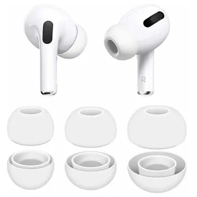 A product shot of white silicone ear tips for Apple AirPods Pro, shown in various sizes.
