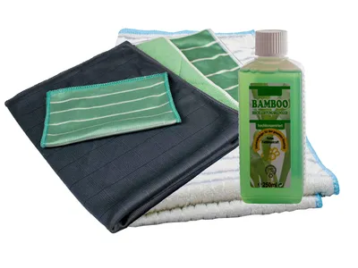 Obrázek produktu pro Zkušební sada z mikrovlákna Muxel® (karbonová utěrka, bambusová utěrka, utěrka na nádobí, utěrka na předčištění, utěrka na čištění brýlí) s bambusovým čisticím prostředkem