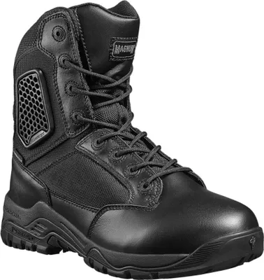 A studio shot of a black tactical boot.