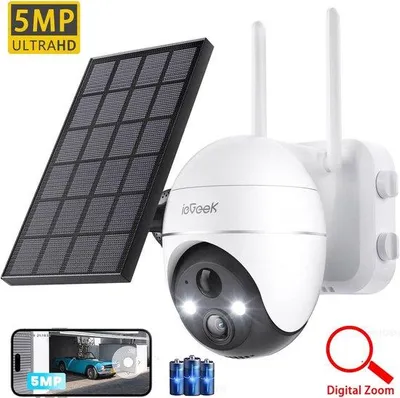 Zdjęcie produktu dla Kamera monitoringu zewnętrznego 5MP, zasilana akumulatorem, obracana o 360° (PTZ), z Wi-Fi, z panelem słonecznym, z czujnikiem ruchu PIR (zasięg 30M), z kolorowym widokiem nocnym i dwukierunkowym audio