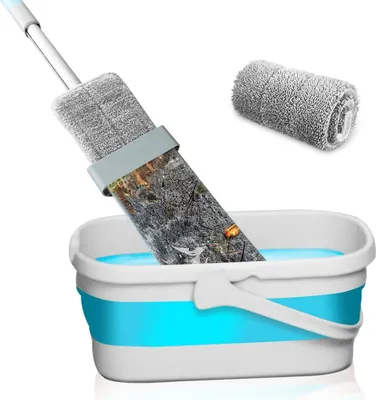 Produktbild von Zusammenklappbarer Eimer und Wischmopp Set mit Auswringfunktion - Mikrofasermopp für harte Böden