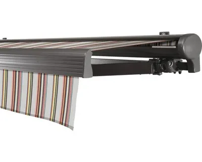 Produktbild von SOLUNA Halbkassettenmarkise Comfort 5x4 Stoff Dessin D421 Gestell DB703 dunkelgrau Antrieb rechts inkl. Motor und Wandsc