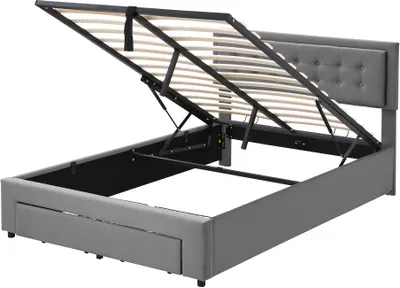 Produktbild von okwish Polsterbett 140 x 200 cm, Bett mit Boxen und Schubladen, Samtstoff, Lattenrost, Doppelbett, großer Stauraum, Grau