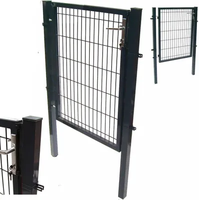 A dark gray metal garden gate with a wire mesh infill and a silver handle is shown against a white background. A smaller, similar gate is visible in the background, and a close-up of the gate's latch mechanism is shown in the bottom left corner.