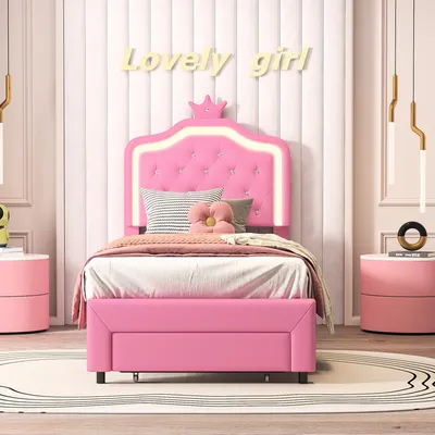 Immagine prodotto di Letto imbottito ProximaX 90x200 cm per bambini - letto singolo con rete a doghe, LED e cassetto - rosa