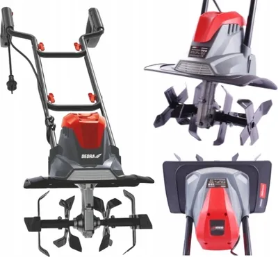 A collage of an electric tiller from different angles.