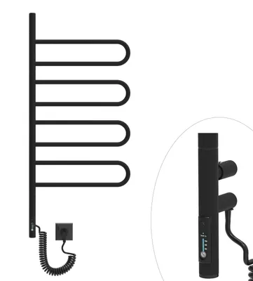 A black electric towel dryer with four foldable arms is shown against a white background. A close-up of the control panel is also visible.