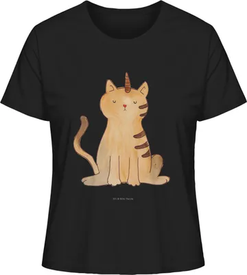 Produktbild von Mr. & Mrs. Panda Oberteil Damen Einhorn Katze Größe S - Schwarz - Geschenk, Regenbogen, Unicorn, Basic Shirt, Kurzarmshirt, Mieze, Glitzer, T-Shirt